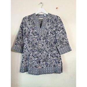 Sigrid Olsen Womens Linen White Blue Floral Tunic Top Small 3/4 Sleeves Casual